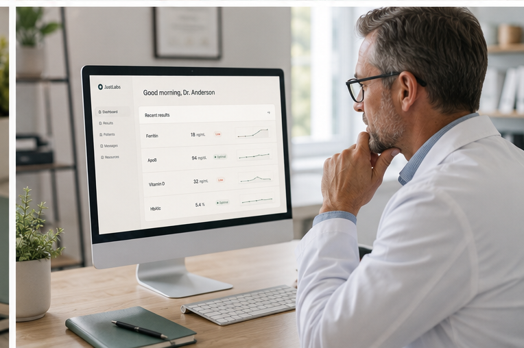A physician reviewing lab results at a desk